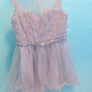 Grey dress, sparkle top,fluffy bottom